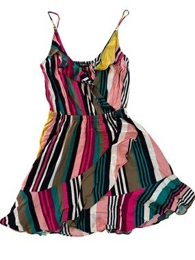 Express Multicolor Striped Ruffle Sundress — Pink, Teal, Yellow, Black